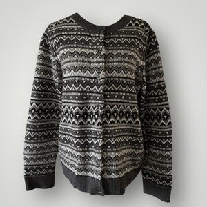 Talbots Nordic Fair Isle Black Gray Cozy Lambswool Cardigan Sweater Women’s M